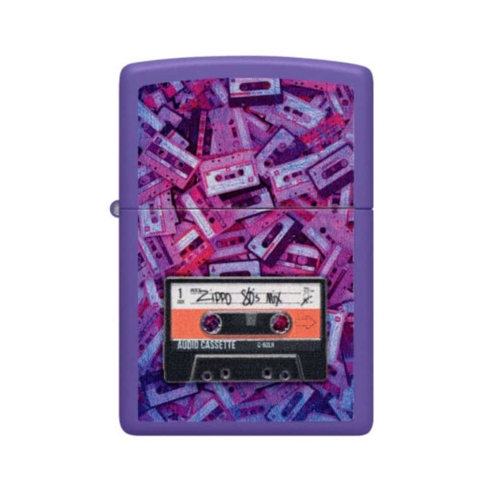 تصویر فندک Zippo مدل 80s Cassette Tape Design با طراحی نوار کاست روی بدنه بنفش مات