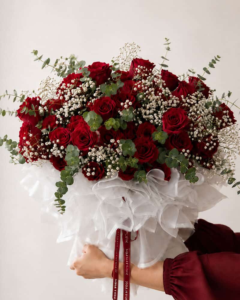 دسته‌گل رز قرمز و گل عروس کلاسیک