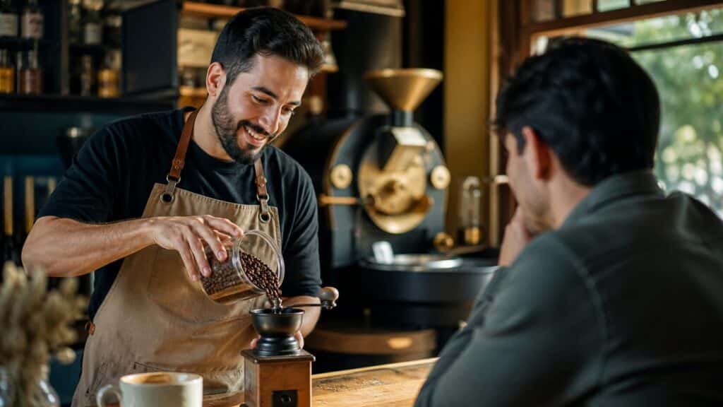 باریستا در کافه‌ای گرم که دانه‌های قهوه را در آسیاب دستی می‌ریزد
