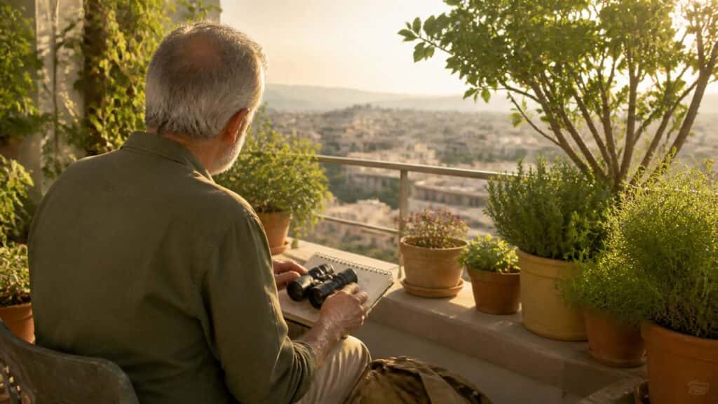 فرد بازنشسته‌ای که در بالکن آفتابی با دوربین دوچشمی و دفتر سفر نشسته است