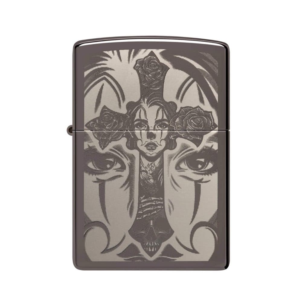 تصویر فندک Zippo مدل Skull Cross با طرح جمجمه و صلیب روی بدنه مشکی براق