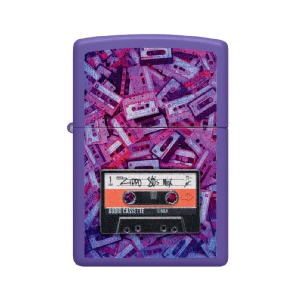 تصویر فندک Zippo مدل 80s Cassette Tape Design با طراحی نوار کاست روی بدنه بنفش مات