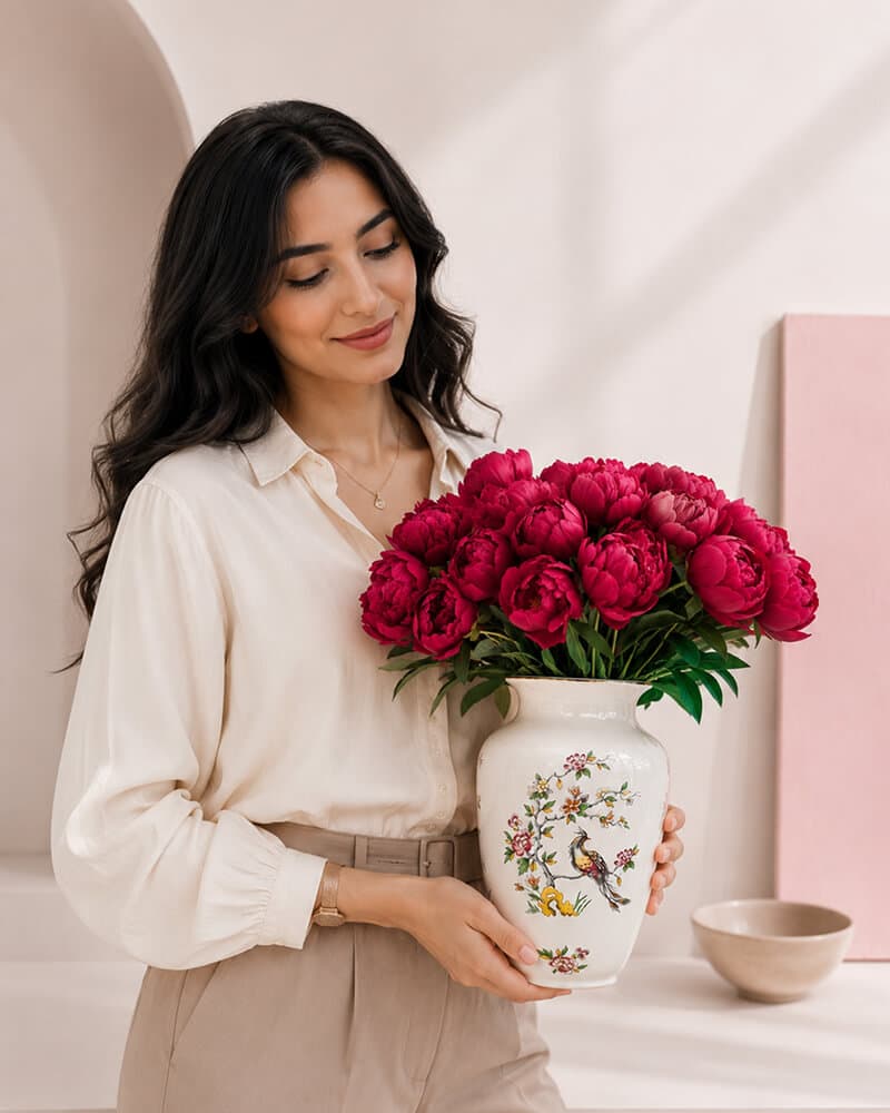پیونی‌های سرخابی در گلدان سیمرغ