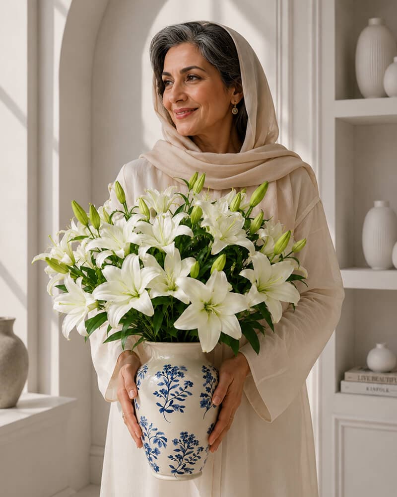 گل لیلیوم سفید در گلدان آبی