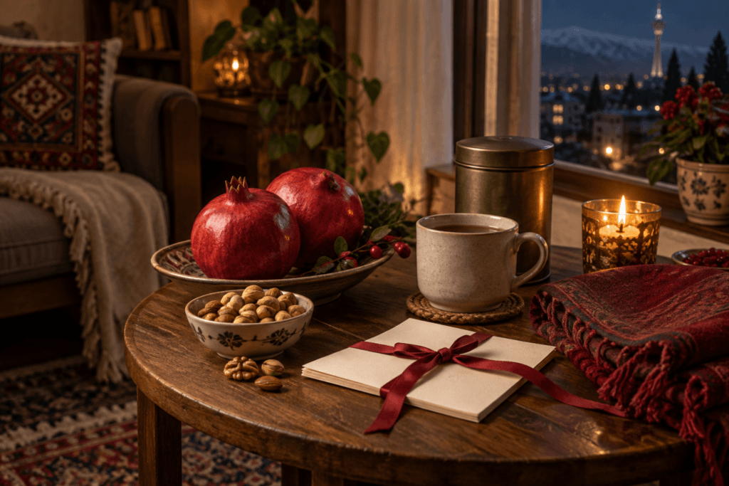 هدیه شب یلدا شامل انار، آجیل، چای و یادگاری کوچک روی میز گرم زمستانی