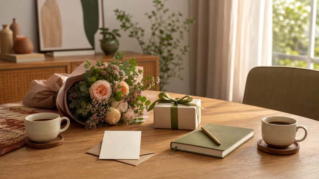 بسته هدیه، گل و یادداشت برای دوست صمیمی