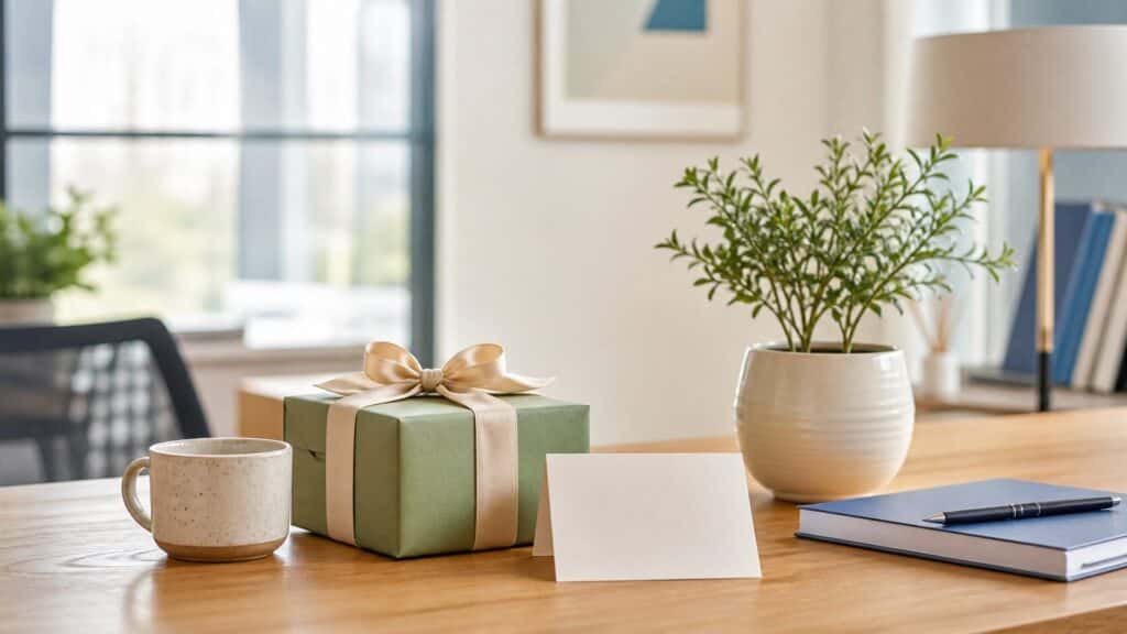 هدیهٔ بستهبندیشده، ماگ و گیاه رومیزی برای همکار