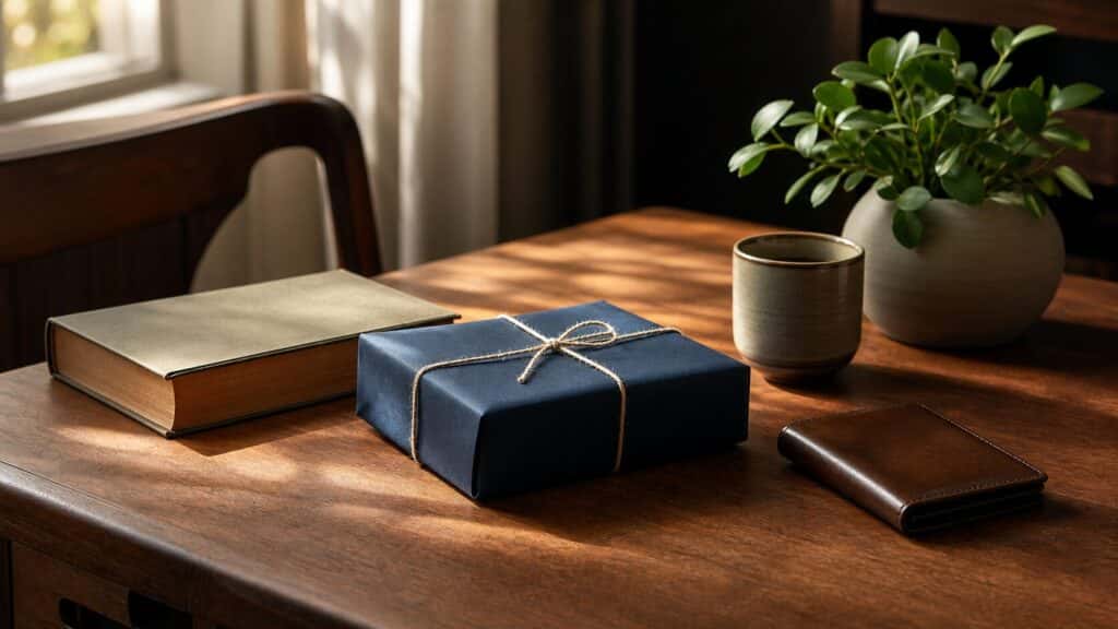 هدیهٔ بستهبندیشده، کیف پول و کتاب روی میز چوبی برای پدر