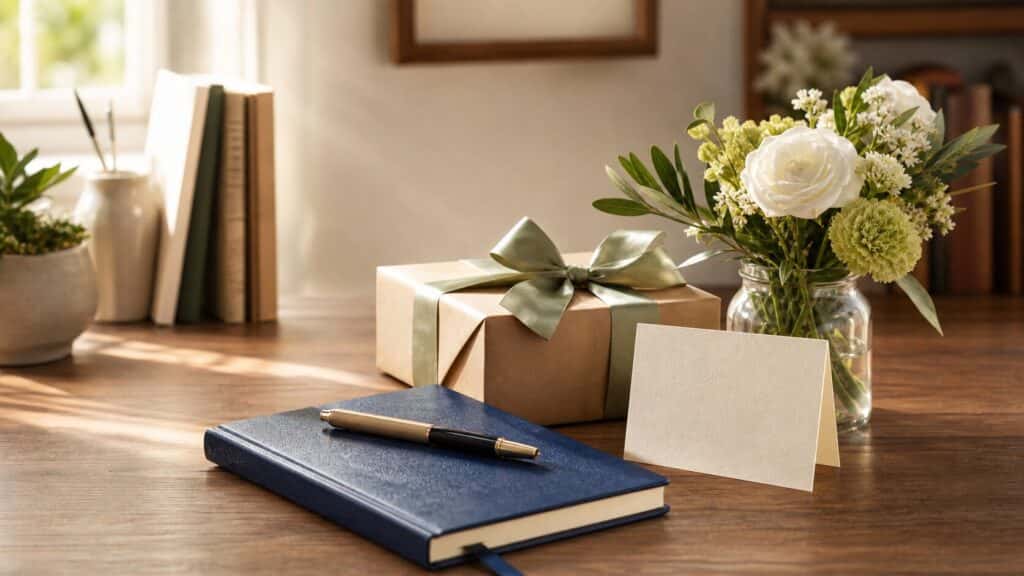 هدیهٔ بستهبندیشده، کتاب، خودکار و گل برای معلم