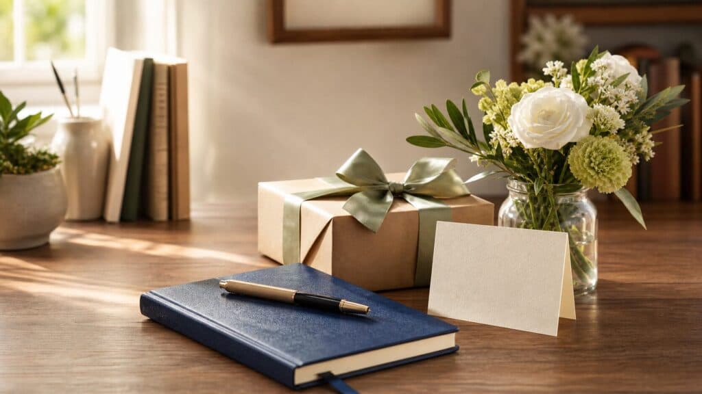 هدیهٔ بستهبندیشده، کتاب، خودکار و گل برای معلم