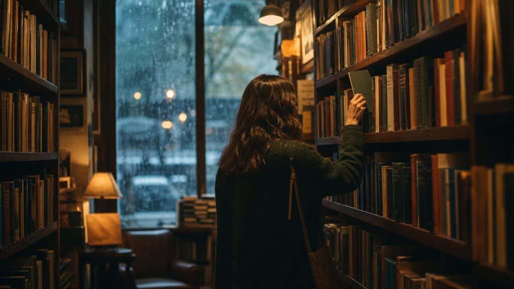 کتابخوانی که در کتابفروشی میان قفسهها کتابی را انتخاب میکند