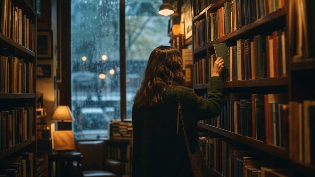 کتابخوانی که در کتابفروشی میان قفسهها کتابی را انتخاب میکند