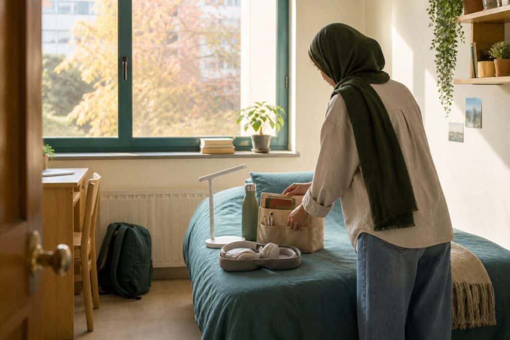 دانشجویی در اتاق خوابگاه که چراغ مطالعه، قمقمه و هدفون را برای شروع ترم مرتب میکند