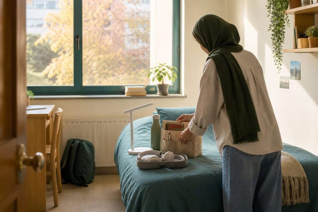 دانشجویی در اتاق خوابگاه که چراغ مطالعه، قمقمه و هدفون را برای شروع ترم مرتب میکند