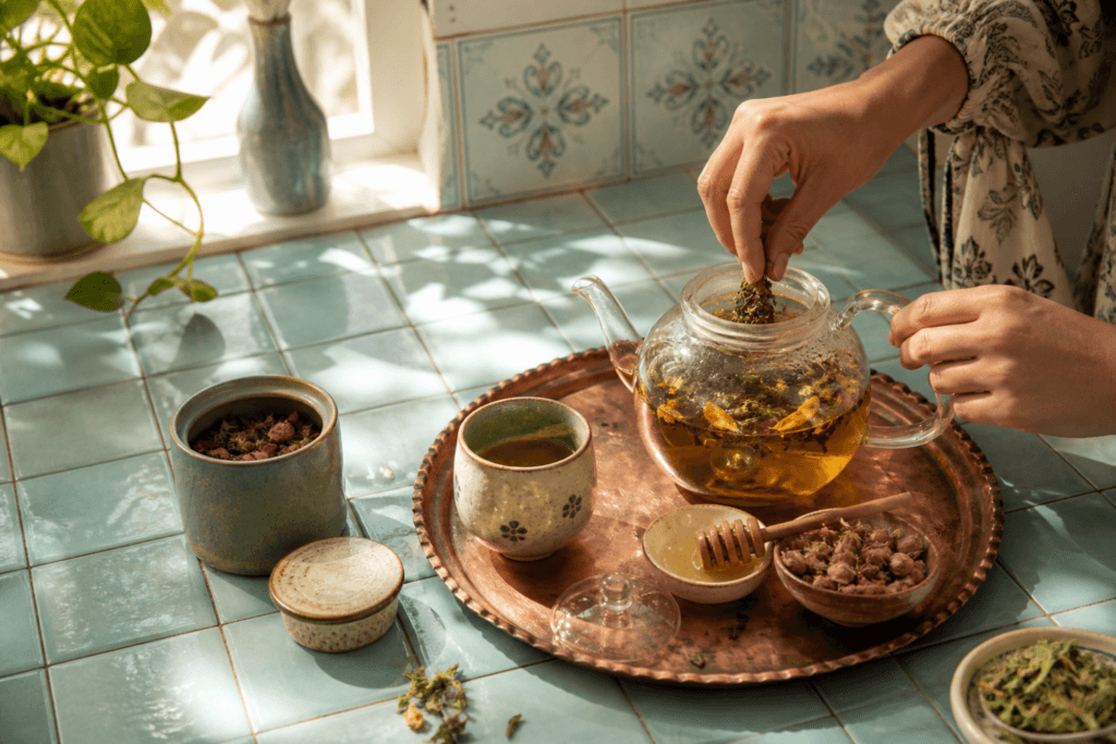 دستها در آشپزخانه روشن در حال دم کردن چای و دمنوش در قوری شیشهای روی سینی مسی با فنجان سرامیکی