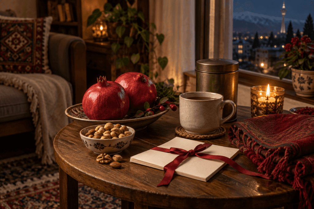 هدیه شب یلدا شامل انار، آجیل، چای و یادگاری کوچک روی میز گرم زمستانی