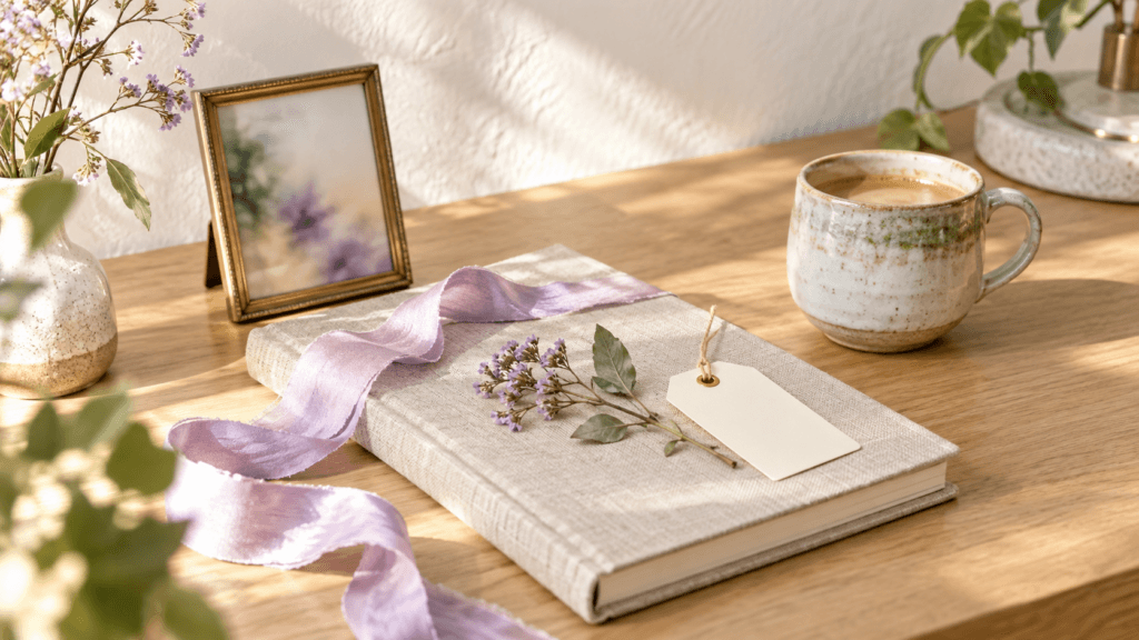 هدیه شخصی با دفترچه پارچهای، روبان یاسی و جزئیات خاطرهمحور روی میز چوبی